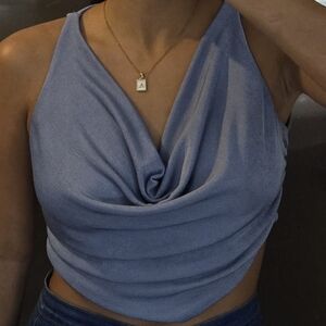 Story On Blue Cowl Neck Drape Top